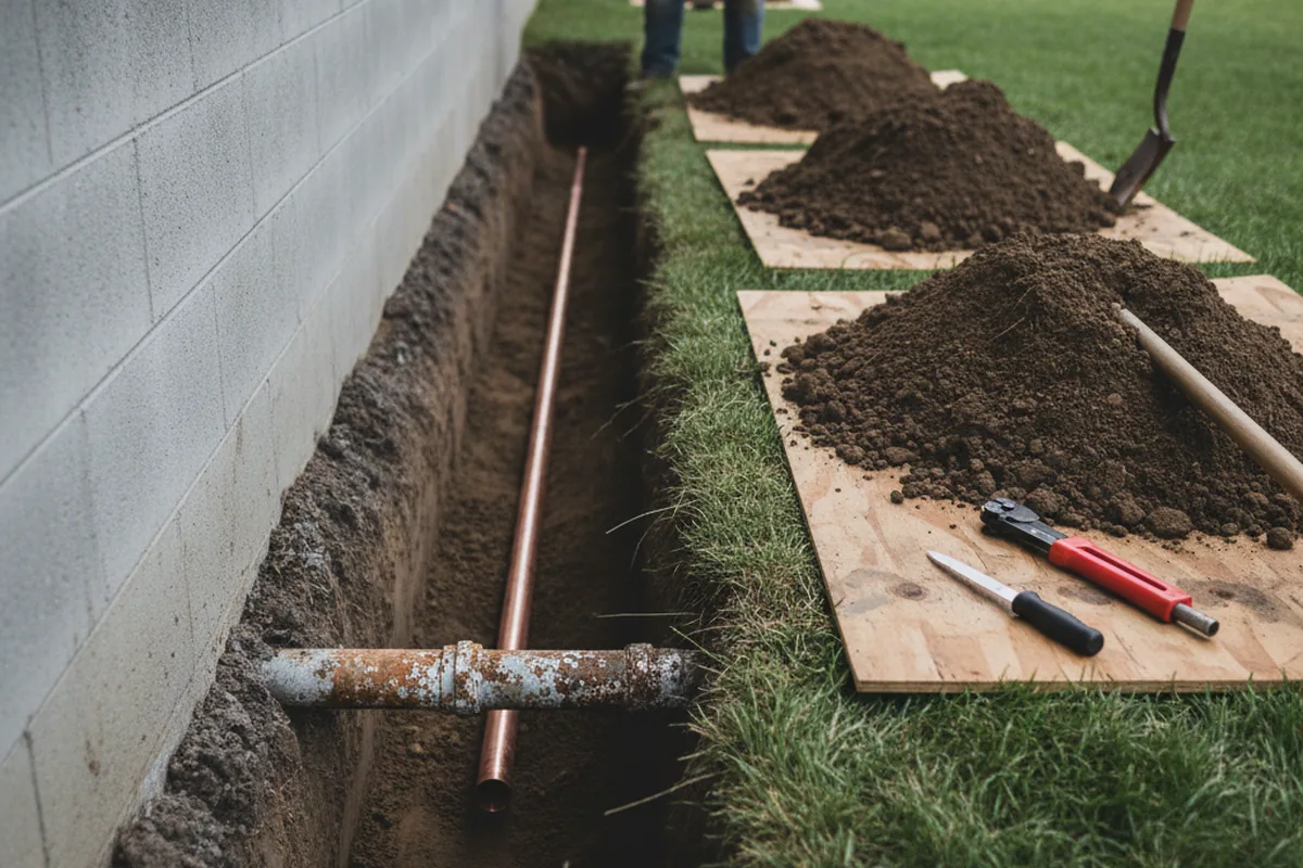 Excavated water line trench during Water Softener Installation in Boylston